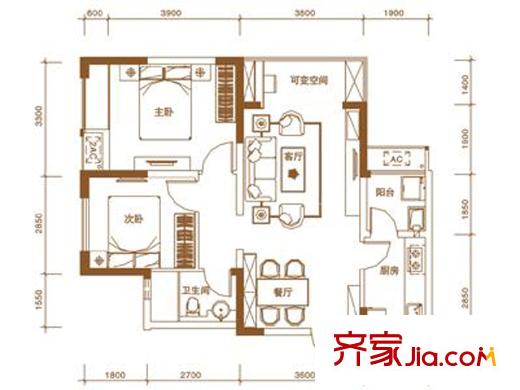 鑫城府一期1、2號樓標準層B2戶型 2室2廳1衛(wèi)1廚