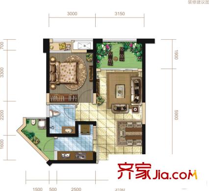 世龍廣場(chǎng)2號(hào)樓標(biāo)準(zhǔn)層B6戶型 1室2廳1衛(wèi)1廚
