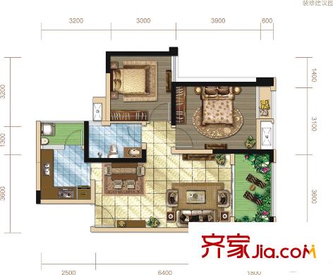 世龍廣場(chǎng)2號(hào)樓標(biāo)準(zhǔn)層B5戶型 2室2廳1衛(wèi)1廚