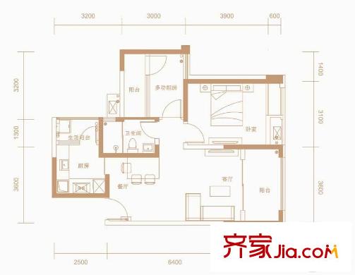 世龍廣場(chǎng)一期2號(hào)樓標(biāo)準(zhǔn)層B5戶型 2室2廳1衛(wèi)1廚