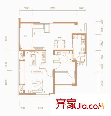 世龍廣場一期2號樓標準層B2戶型 3室2廳1衛(wèi)1廚