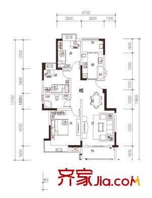 綠洲國(guó)際一期3號(hào)樓標(biāo)準(zhǔn)層B戶型（售罄） 3室2廳1衛(wèi)1廚