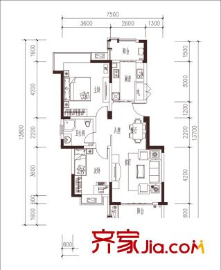 綠洲國(guó)際一期1號(hào)樓標(biāo)準(zhǔn)層A戶型（售罄） 2室2廳1衛(wèi)1廚