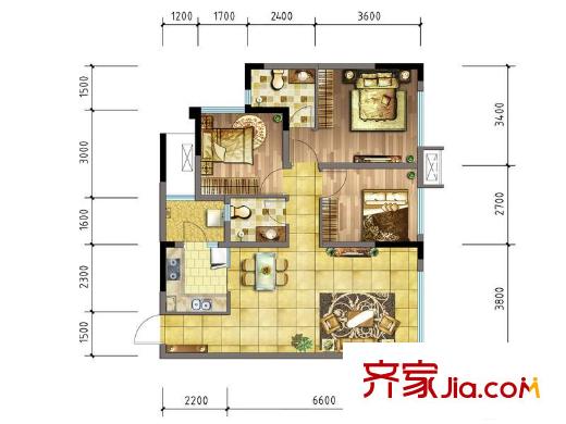 交大歸谷楠岸一期1號(hào)樓標(biāo)準(zhǔn)層D2戶型 3室2廳2衛(wèi)1廚