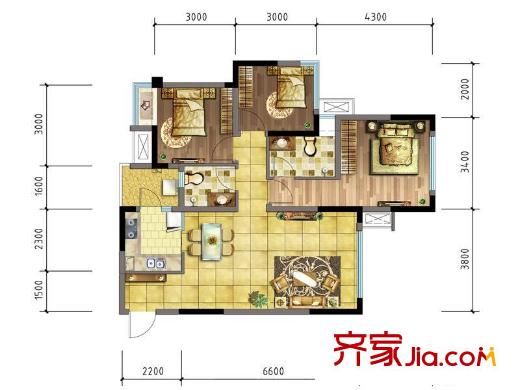 交大歸谷楠岸一期1號(hào)樓標(biāo)準(zhǔn)層E戶型 3室2廳2衛(wèi)1廚