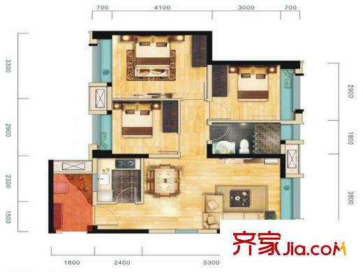 華僑城原岸120號樓標(biāo)準(zhǔn)層B1戶型圖 3室2廳1衛(wèi)1廚