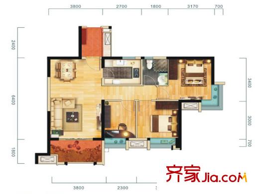 華僑城原岸120號樓標(biāo)準(zhǔn)層B4’戶型圖 3室2廳1衛(wèi)1廚