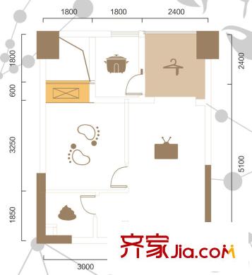 一品CG一期2號(hào)樓標(biāo)準(zhǔn)層C1戶(hù)型 1室1廳1衛(wèi)1廚