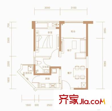 世龍廣場(chǎng)一期2號(hào)樓標(biāo)準(zhǔn)層B6戶型 1室2廳1衛(wèi)1廚