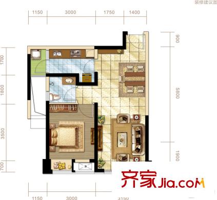 世龍廣場(chǎng)2號(hào)樓標(biāo)準(zhǔn)層B3戶型 1室2廳1衛(wèi)1廚