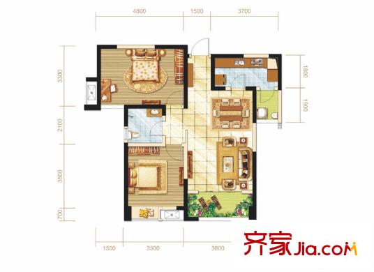 世龍廣場一期3號樓標準層A1戶型 2室2廳1衛(wèi)1廚