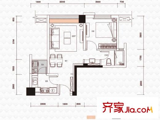 綠地之窗一期3號樓標準層B2'戶型 1室2廳1衛(wèi)1廚