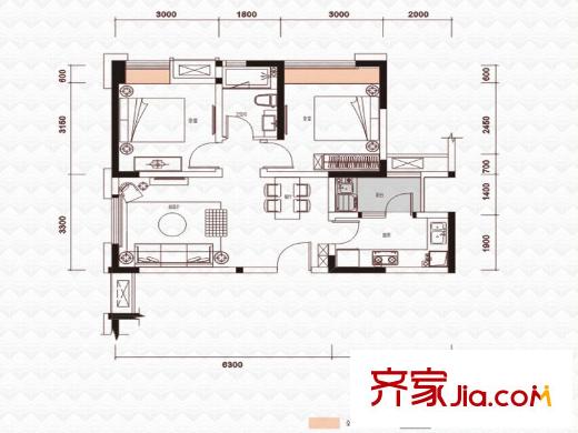 綠地之窗一期4號樓標準層A4戶型 2室2廳1衛(wèi)1廚