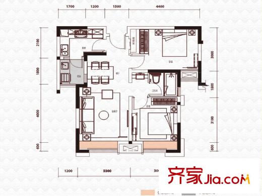 綠地之窗一期4號樓標準層A2戶型 2室2廳1衛(wèi)