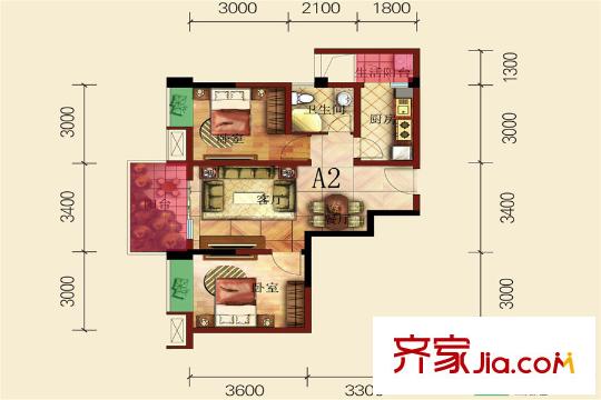 和信天驕府1期1棟標(biāo)準(zhǔn)層A2戶型圖 2室2廳1衛(wèi)1廚