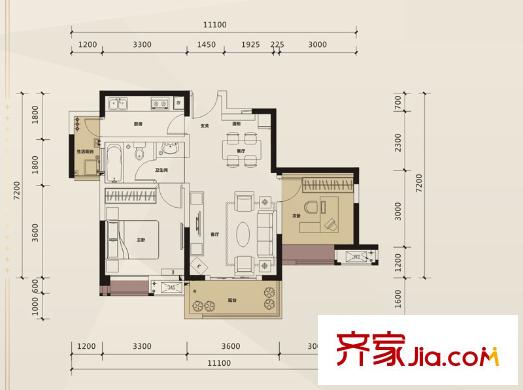 圣樺城一期1、2、3、5、6、7號樓標(biāo)準(zhǔn)層A1戶型 2室2廳1衛(wèi)1廚
