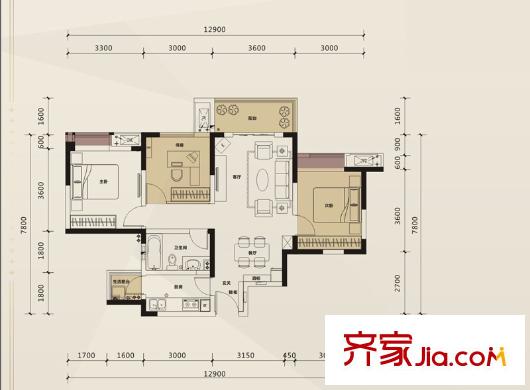 圣樺城一期1、2、3、5、6、7號樓標(biāo)準(zhǔn)層B1戶型 3室2廳1衛(wèi)1廚