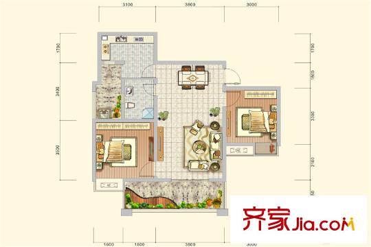 隆誠麗都一期1棟標(biāo)準(zhǔn)層A2戶型圖 2室2廳1衛(wèi)1廚