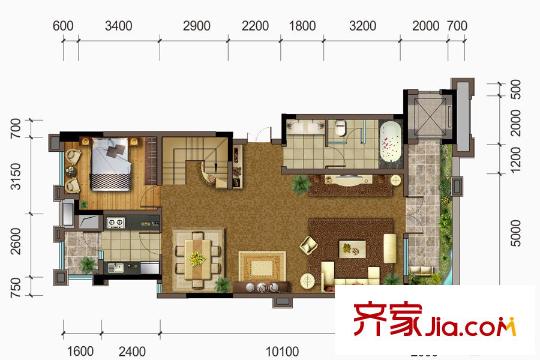 建發(fā)泱墅E2戶型第一層 1室2廳1衛(wèi)1廚