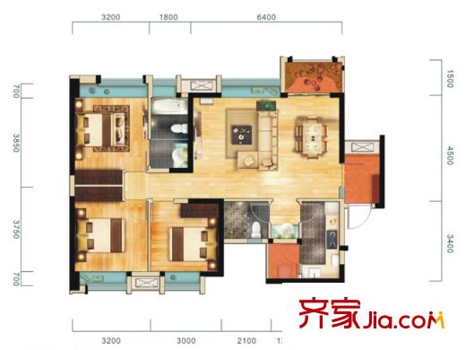 華僑城原岸120號樓標(biāo)準(zhǔn)層B2戶型圖 3室2廳2衛(wèi)1廚