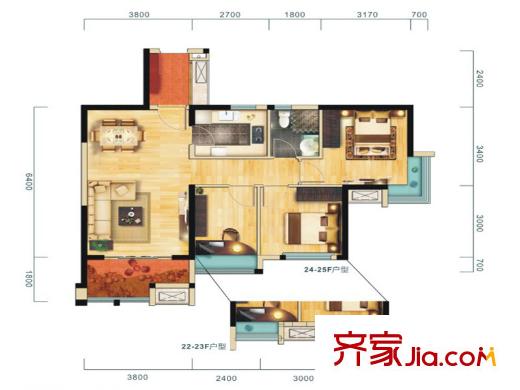 華僑城原岸120號樓標(biāo)準(zhǔn)層B4戶型圖 3室2廳1衛(wèi)1廚
