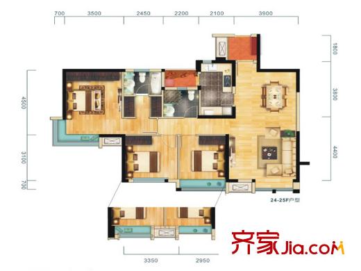 華僑城原岸120號樓標(biāo)準(zhǔn)層B3戶型圖 3室2廳2衛(wèi)1廚