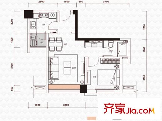 綠地之窗一期3號樓標準層B3戶型 1室2廳1衛(wèi)
