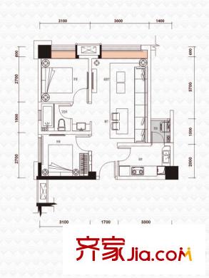 綠地之窗一期3號樓標準層B1戶型 2室2廳1衛(wèi)1廚