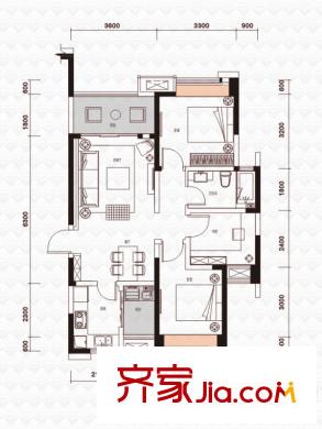 綠地之窗一期4號樓標準層A1戶型 3室2廳1衛(wèi)