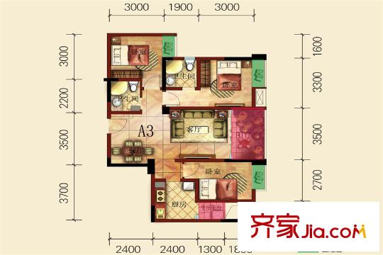 和信天驕府1期1棟標準層A3戶型圖 3室2廳2衛(wèi)1廚