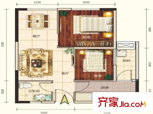 清鳳時代城7棟標準層A戶型 2室2廳1衛(wèi)1廚