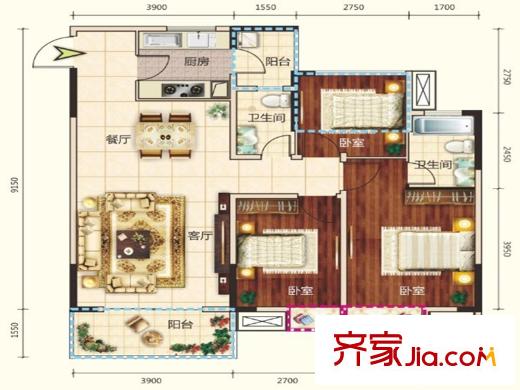 清鳳時代城7棟標準層C戶型 3室2廳2衛(wèi)1廚