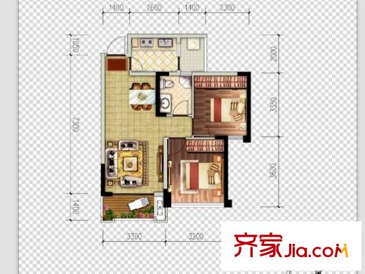 邦泰華府公館2、3、4、14號樓標準層A4戶型 2室2廳1衛(wèi)1廚