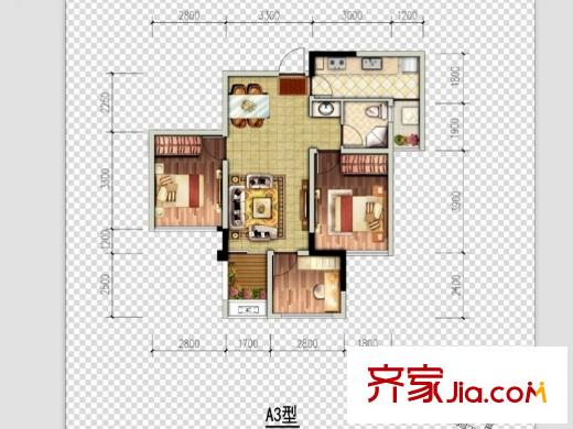 邦泰華府公館2、3、4、14號樓標準層A3戶型 3室2廳1衛(wèi)1廚
