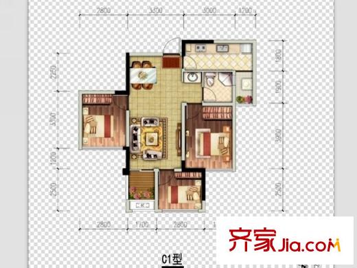 邦泰華府公館2、3、4、14號樓標準層C1戶型 3室2廳1衛(wèi)1廚