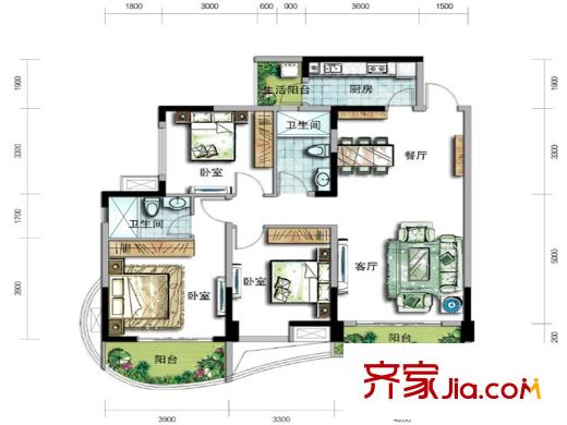 成都玩家1號樓標(biāo)準(zhǔn)層A1戶型 3室2廳2衛(wèi)1廚