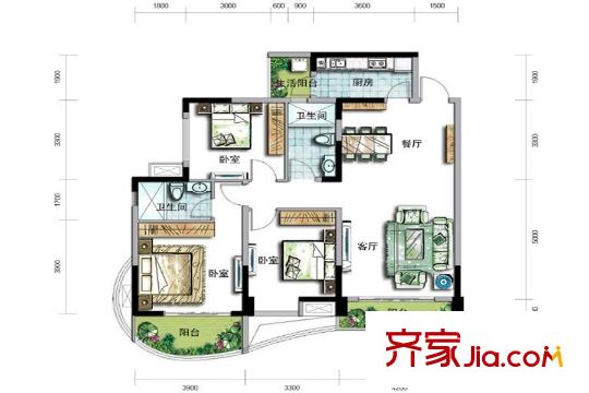 成都玩家2號(hào)樓標(biāo)準(zhǔn)層A1戶型 3室2廳2衛(wèi)1廚