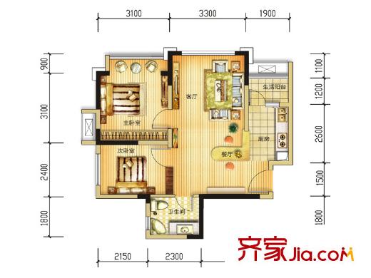 長(zhǎng)虹和悅府一期4號(hào)樓標(biāo)準(zhǔn)層A1戶型圖（售罄） 2室2廳1衛(wèi)1廚