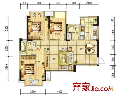 長(zhǎng)虹和悅府1期5棟、6棟C2戶型（售罄） 3室2廳2衛(wèi)1廚