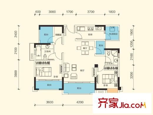 長(zhǎng)虹和悅府二期1、3號(hào)樓標(biāo)準(zhǔn)層D戶型圖 3室2廳2衛(wèi)1廚