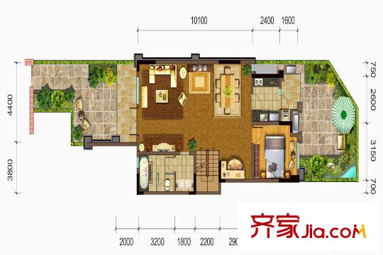 建發(fā)泱墅D1戶型第一層 1室2廳1衛(wèi)1廚
