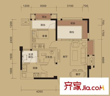 理想028二期1、5、6、9號(hào)樓標(biāo)準(zhǔn)層A1戶型 2室2廳1衛(wèi)1廚