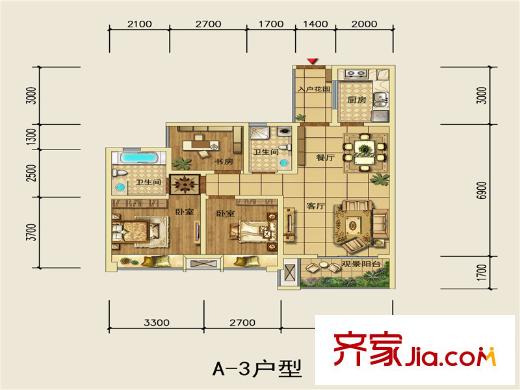 萊茵北郡3期2號(hào)樓標(biāo)準(zhǔn)層A3戶(hù)型圖 2室2廳2衛(wèi)1廚