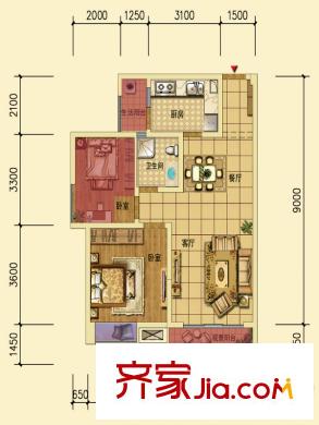 萊茵北郡3期2號(hào)樓標(biāo)準(zhǔn)層C2戶(hù)型（售罄） 1室2廳1衛(wèi)1廚