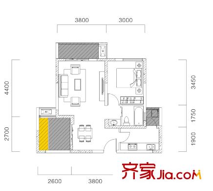 麥田國際社區(qū)一期一號樓P戶型（售罄） 1室2廳1衛(wèi)1廚