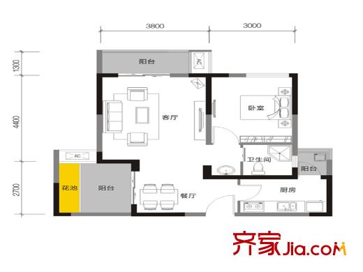 麥田國際社區(qū)二期1號樓標準層A2戶型 1室2廳1衛(wèi)1廚