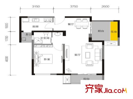 麥田國際社區(qū)二期3號樓標準層A1戶型 1室2廳1衛(wèi)1廚