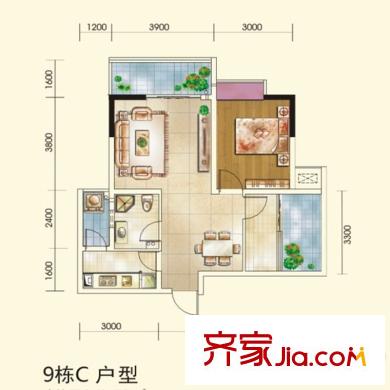 頤和京都3期9棟c 戶型 1室2廳1衛(wèi)1廚