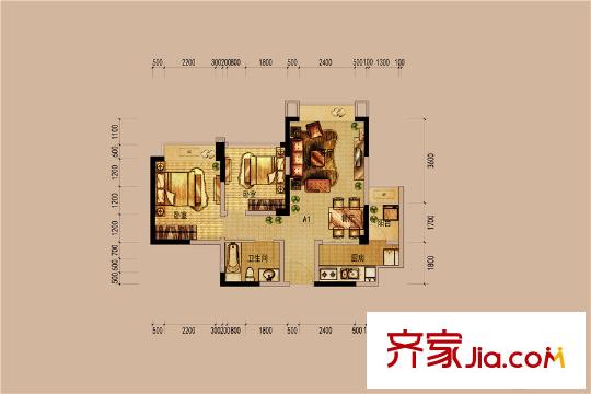 北新上錦一期3棟標準層A1戶型圖 2室2廳1衛(wèi)1廚