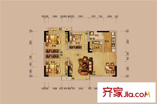 北新上錦一期3棟標準層C2戶型圖 3室2廳1衛(wèi)1廚